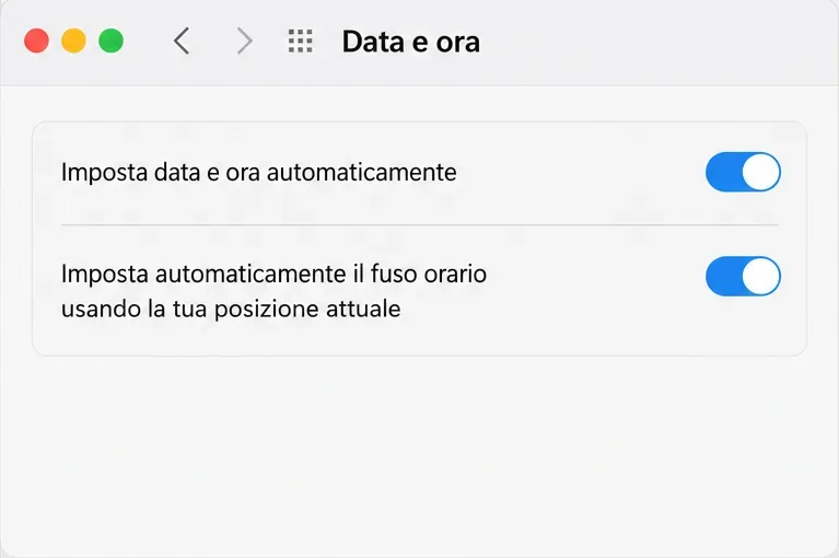 Schermata macOS “Data e ora” con l’ora automatica e il fuso orario basato sulla posizione attivati.