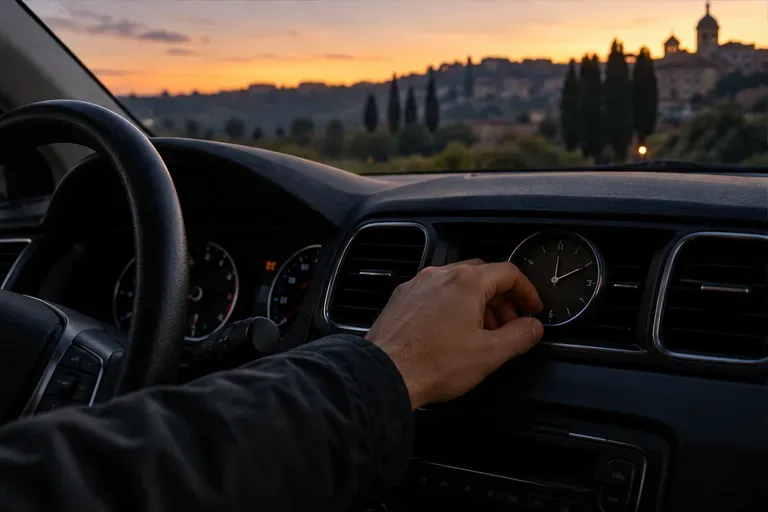 Una persona regola l’orologio analogico sul cruscotto di un’auto all’alba