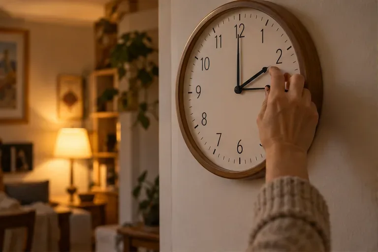 Una mano sposta le lancette di un orologio da parete in una casa illuminata da una lampada