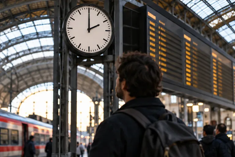 Un viaggiatore consulta il tabellone sotto un orologio in una stazione ferroviaria