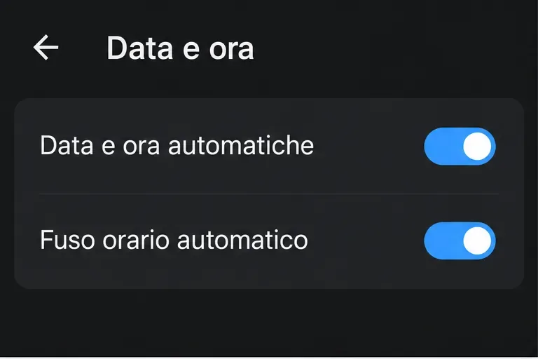 Schermata illustrativa Android con le opzioni Data e ora automatiche e Fuso orario automatico entrambe attive.