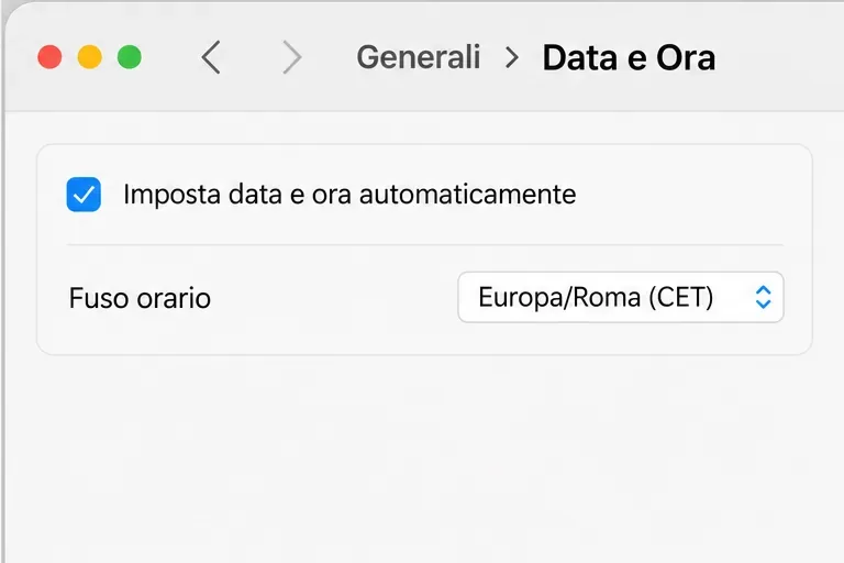 Schermata illustrativa di macOS in Generali, Data e Ora, con Imposta data e ora automaticamente selezionato.