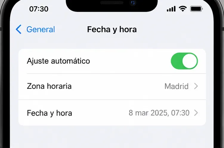 Ajustes de iPhone en Fecha y hora con la opción Ajuste automático activada