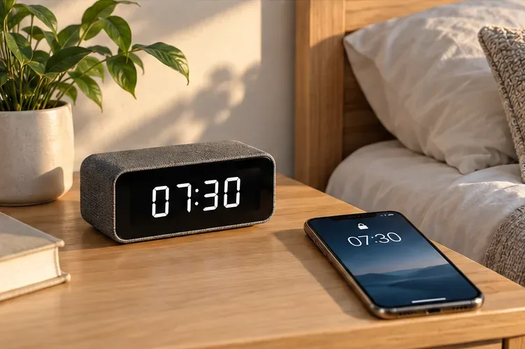 Un reloj digital de mesilla y un móvil muestran la misma hora por la mañana