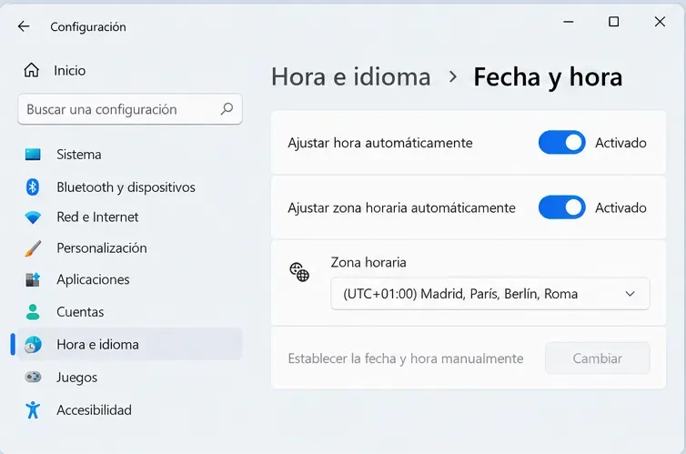 Ventana de Configuración de Windows en Fecha y hora con los ajustes automáticos de hora y zona horaria activados