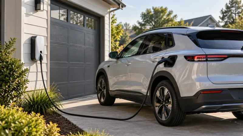 Silver electric crossover connected by a charging cable to a wall-mounted charger beside a suburban home garage