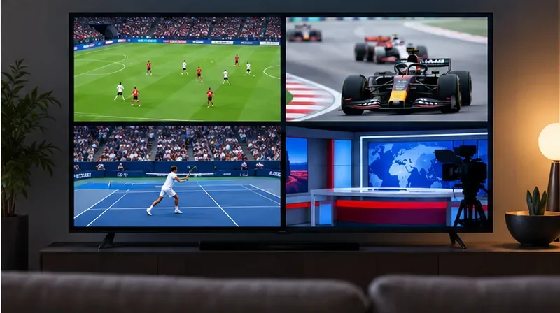 Telewizor z czterema równoległymi oknami sportowymi i informacyjnymi: piłka nożna, wyścig samochodowy, tenis i studio wiadomości