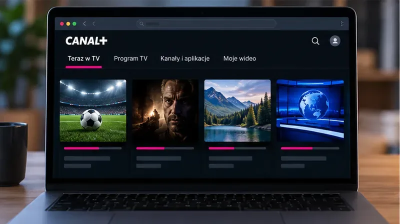 Laptop z przeglądarką i interfejsem CANAL+, w którym widoczne są zakładki Teraz w TV, Program TV, Kanały i aplikacje oraz Moje wideo