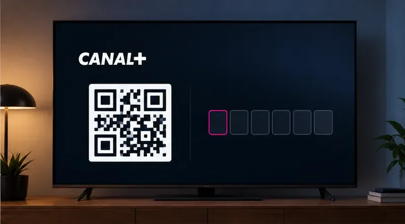 Telewizor z ekranem CANAL+, dużym kodem QR i polami kodu do aktywacji logowania