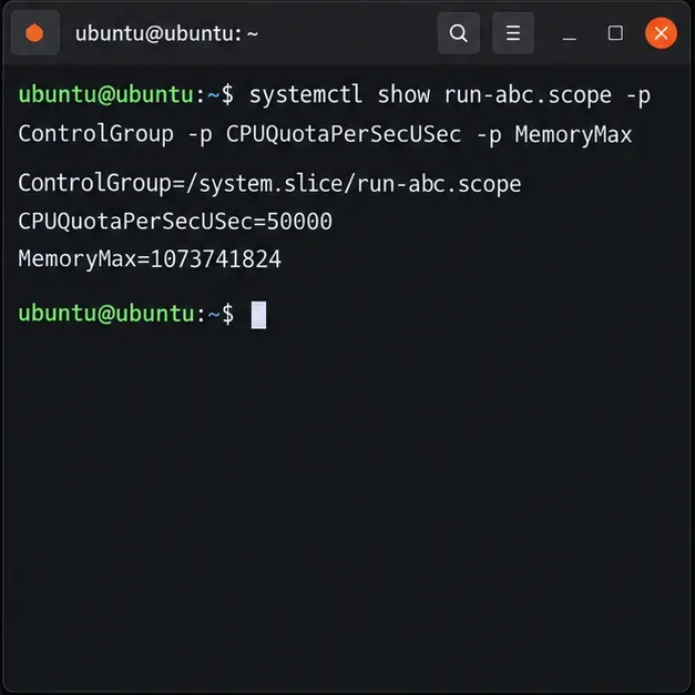 systemctl show output with ControlGroup, CPU quota, and memory maximum values for a transient scope