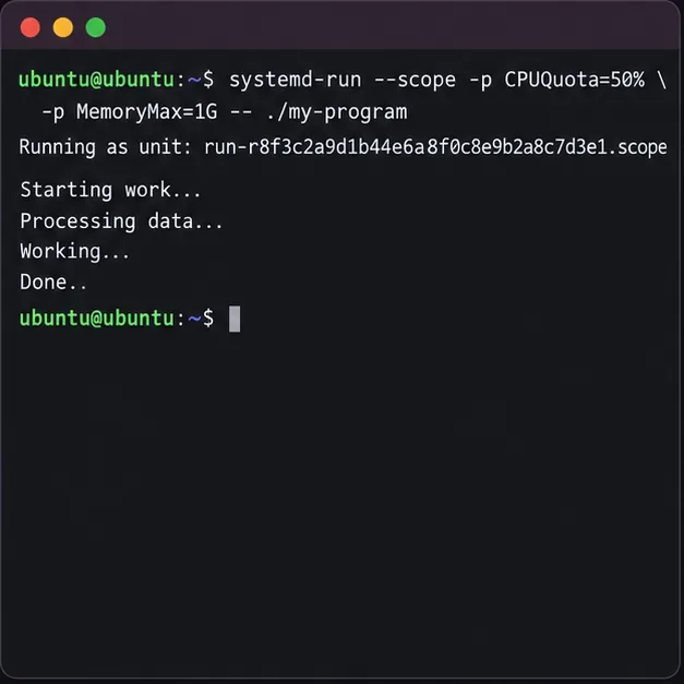 Ubuntu terminal running systemd-run with CPUQuota set to 50 percent and MemoryMax set to 1G for a command