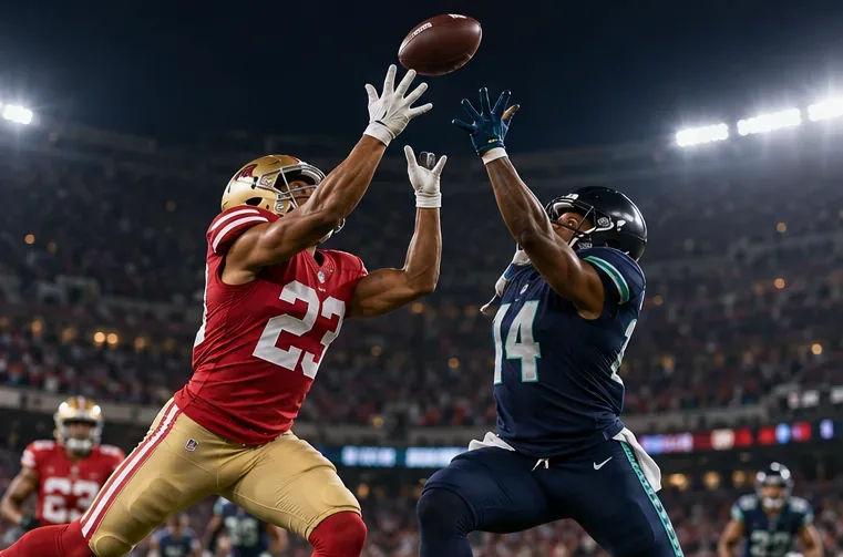 Two football players in red and navy uniforms jump for a pass beneath stadium lights
