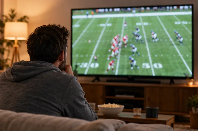 A fan seated in a living room watches an American football broadcast on television