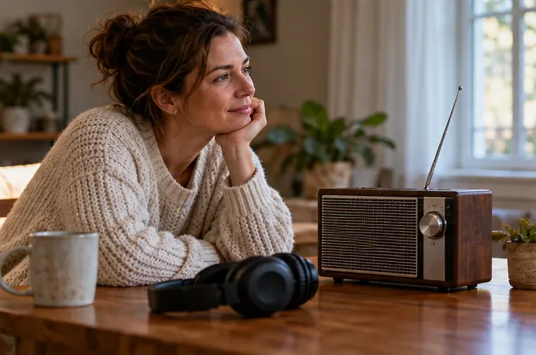 A listener sits beside a tabletop radio with headphones resting on the table