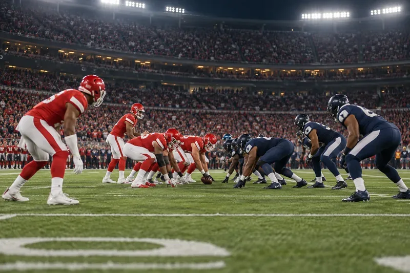 Two generic football teams in red and navy uniforms line up before a snap under stadium lights.