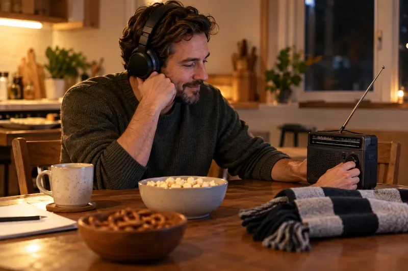 A listener wearing headphones adjusts a small radio at a kitchen table.