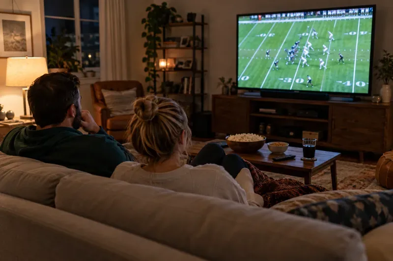 Two fans watch a football game on television in a living room.