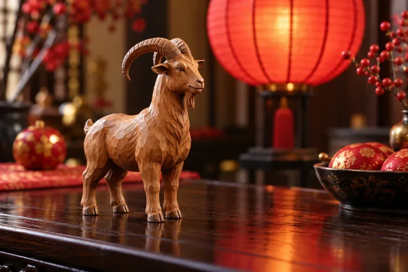 A carved wooden goat figurine stands on a polished table beside a glowing red lantern and red-and-gold decorations.