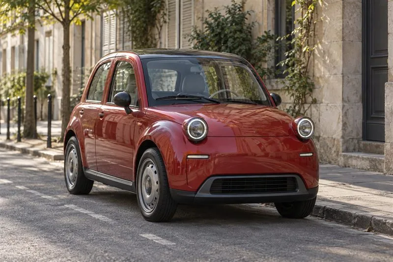 A red compact electric concept car with round lamps and steel wheels parked on a quiet European street.