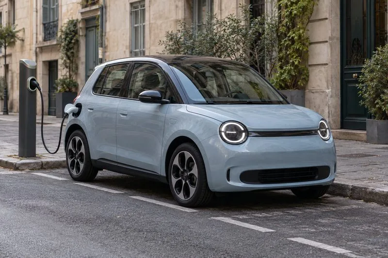 A small unbranded electric hatchback parked beside a curbside charger on a European city street