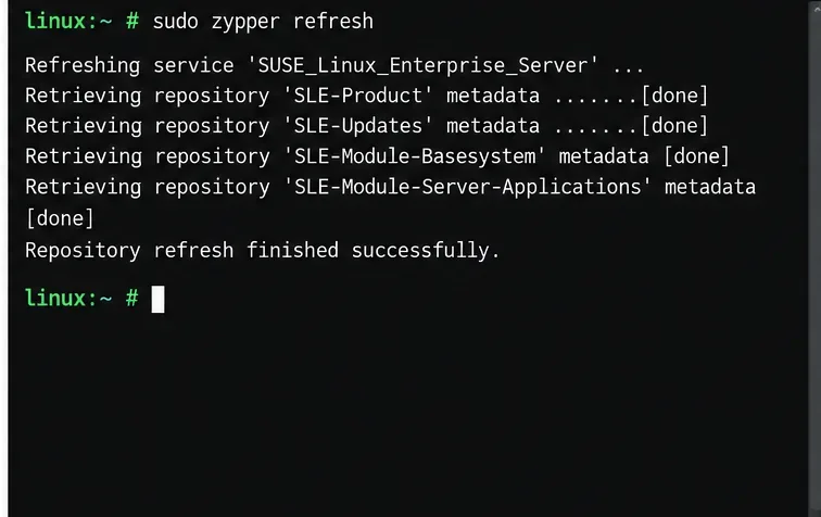 Terminalausgabe mit der Meldung, dass sudo zypper refresh erfolgreich ausgeführt wurde.