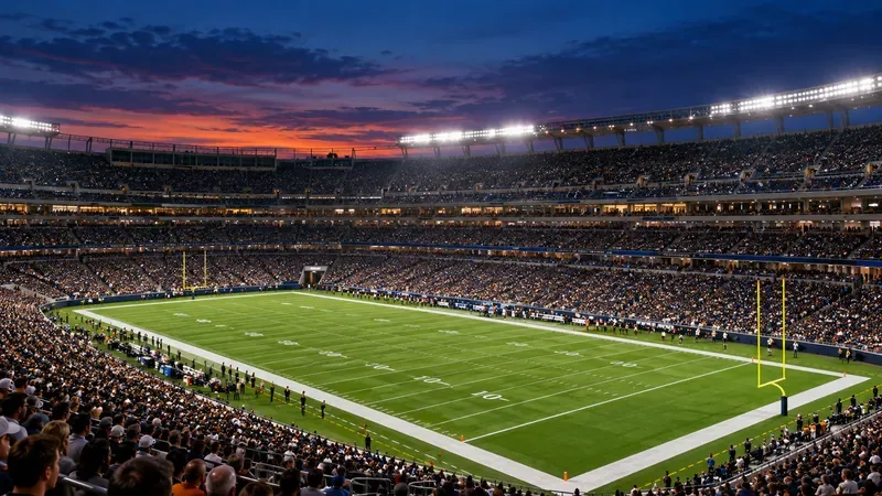 A packed American football stadium at dusk, with yard lines and yellow goalposts under bright lights.