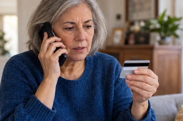 Una donna telefona alla banca mentre tiene in mano una carta di pagamento.