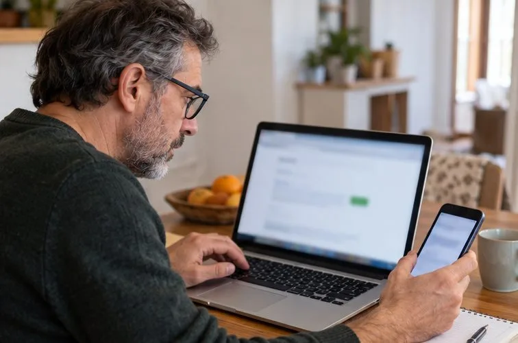 Un uomo controlla un sito dal laptop tenendo separato il telefono con il messaggio sospetto.