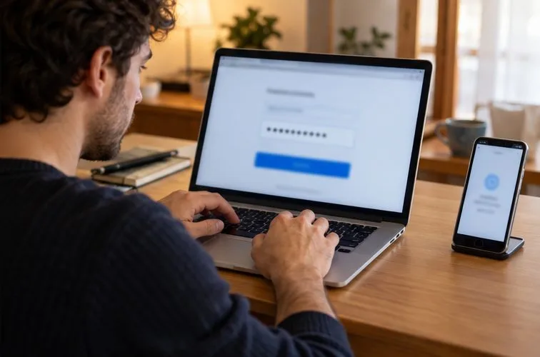 Un uomo aggiorna una password al laptop con il telefono per l’autenticazione a più fattori accanto.