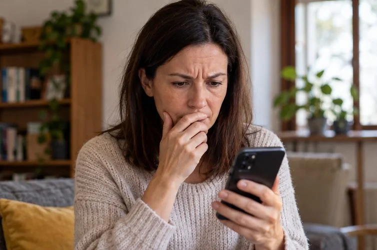 Una donna osserva con attenzione un messaggio inatteso sullo smartphone prima di rispondere.