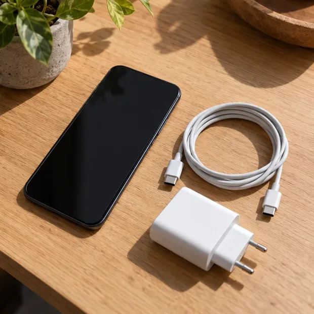 Uno smartphone appoggiato accanto a un cavo USB-C e a un alimentatore da parete