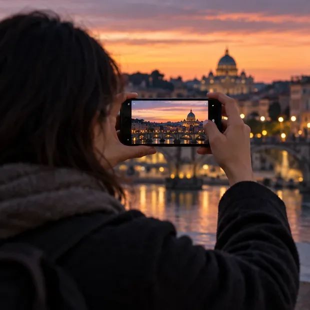 Una persona fotografa il panorama urbano al tramonto con lo smartphone