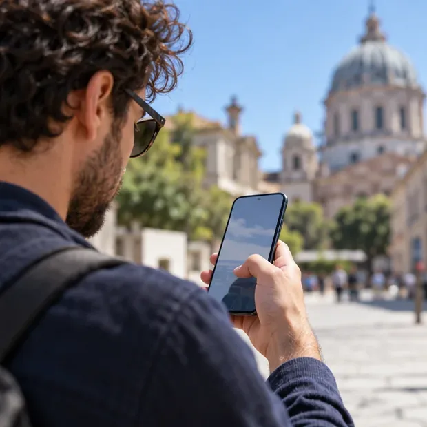 Una persona usa uno smartphone alla luce del sole in una piazza, con riflessi visibili sul display
