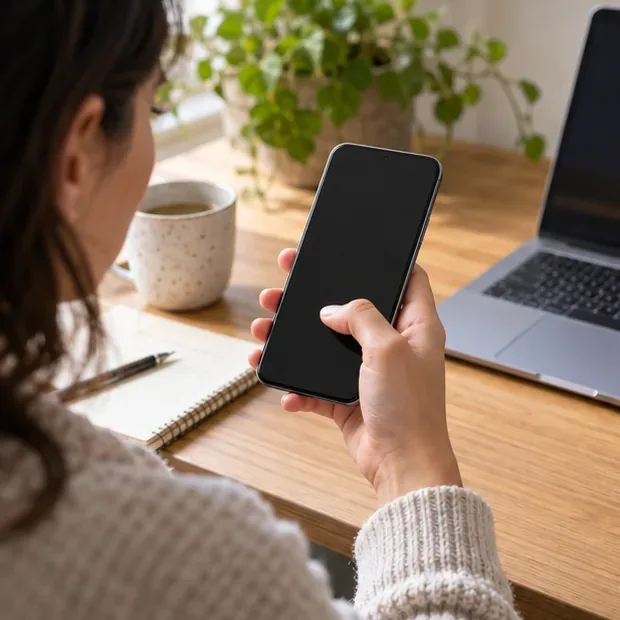 Una persona tiene in mano uno smartphone mentre ne valuta dimensioni e presa alla scrivania
