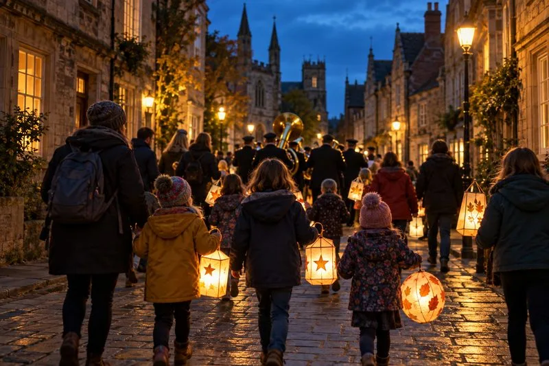 Families and children carry glowing paper lanterns behind a brass band on a stone-paved street at dusk