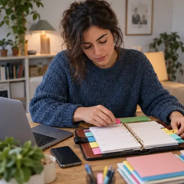 Una candidata organiza en una agenda las empresas, fechas y próximos pasos de sus solicitudes de empleo
