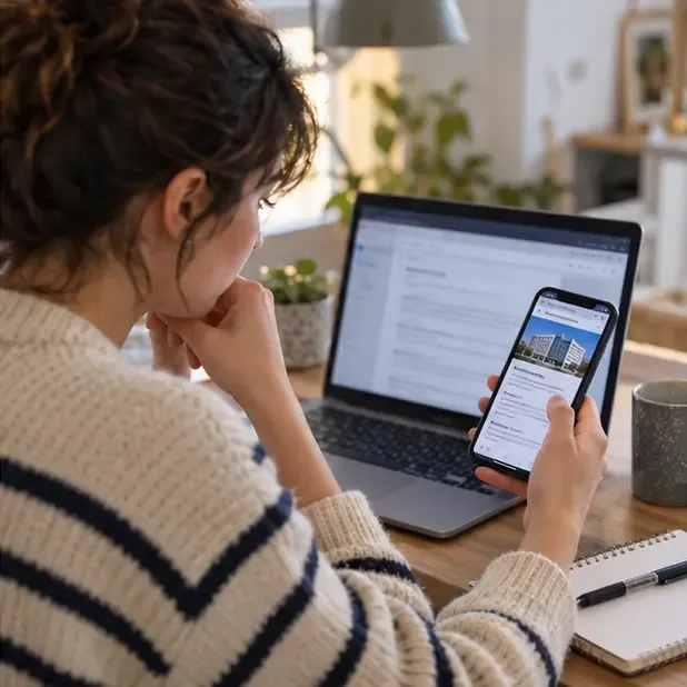 Una candidata compara en el móvil y el portátil una oferta de empleo con la página pública de una empresa