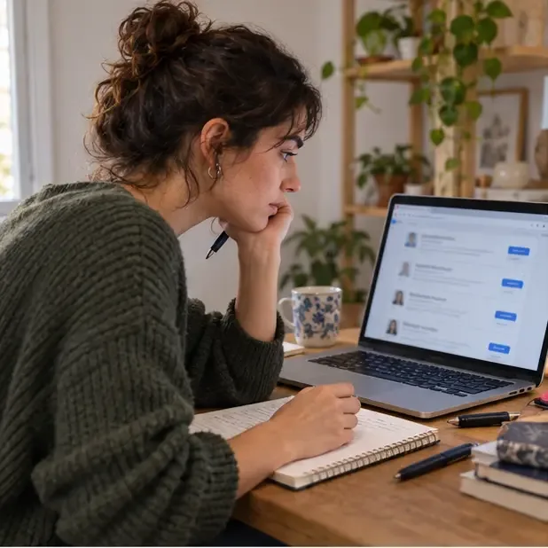 Una candidata consulta ofertas de empleo en un portátil y anota criterios de búsqueda en un cuaderno
