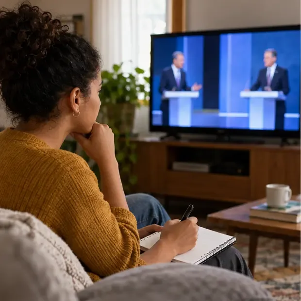 Mulher anota uma fala enquanto acompanha na televisão dois participantes de um debate