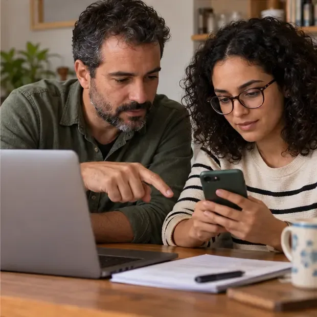 Duas pessoas consultam um documento no computador e conferem uma informação no celular antes de compartilhá-la