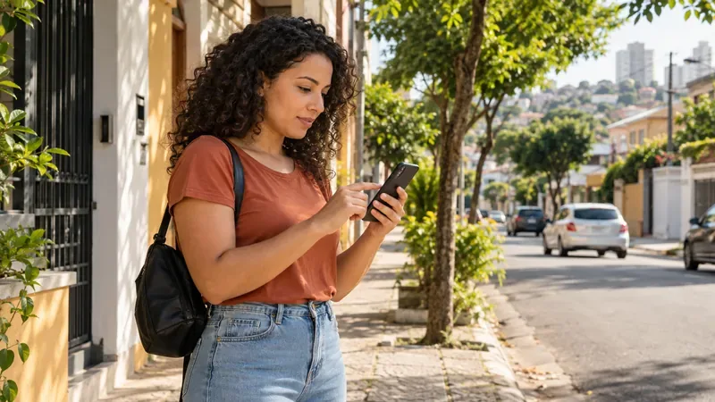 Eleitora consulta o celular em uma rua residencial brasileira