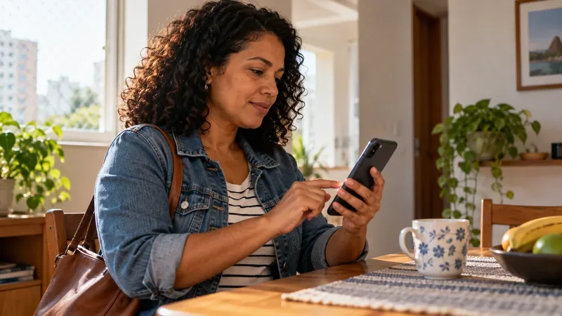 Eleitora consulta informações no celular, sentada à mesa de casa