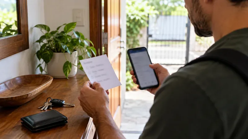 Eleitor compara uma anotação pessoal com o celular antes de sair de casa