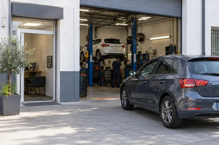 Entrada de un taller de automóviles con un coche junto a la zona de recepción