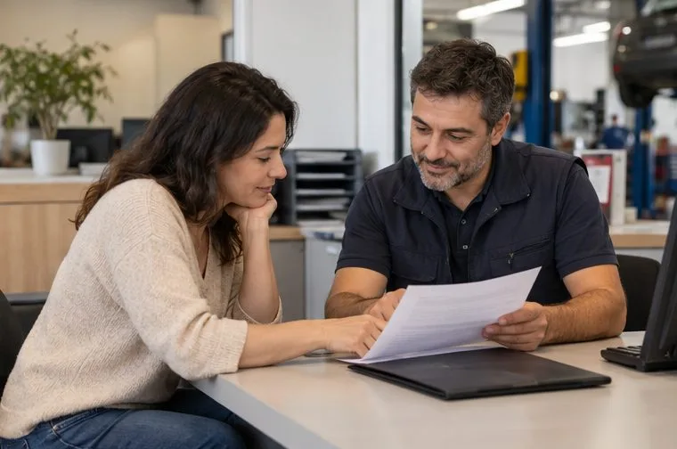 Una clienta y un asesor revisan juntos un presupuesto impreso en el taller