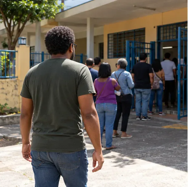 Um eleitor se aproxima de uma escola brasileira onde há uma fila organizada para votar.