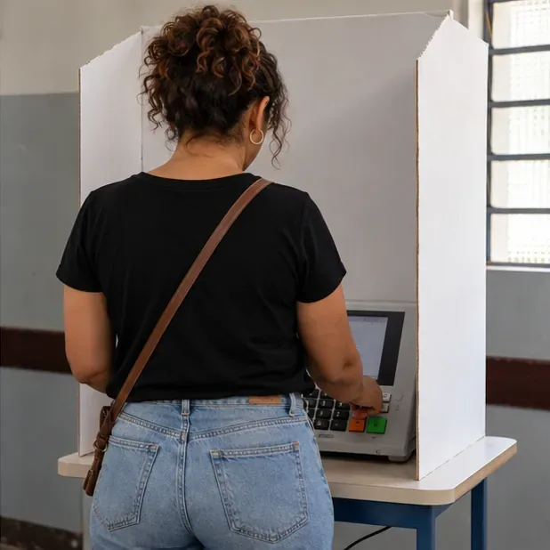 Uma eleitora, vista por trás, digita seu voto em uma urna eletrônica dentro de uma cabine individual.