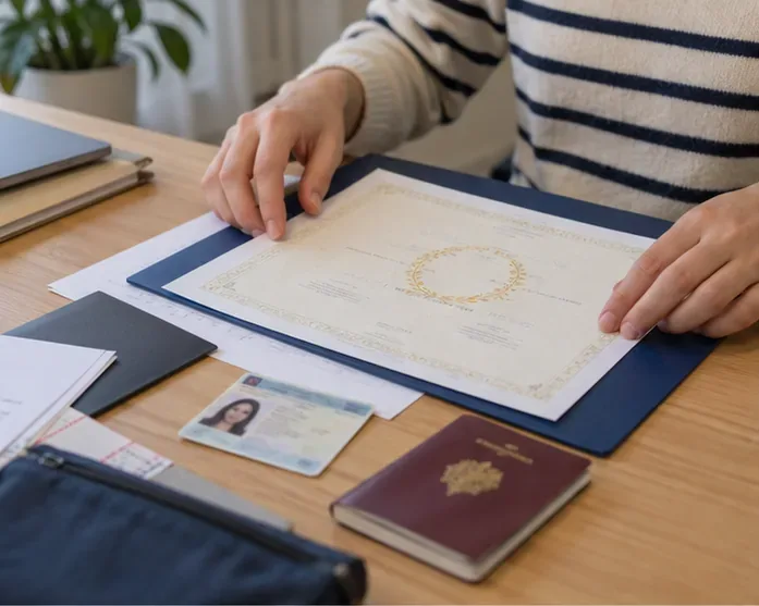 Un diplôme posé sur une table avec une pièce d’identité et un carnet