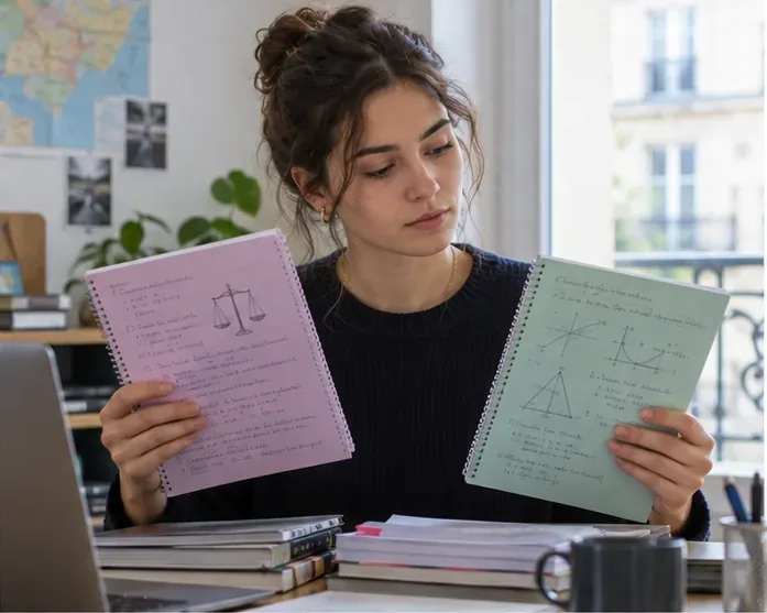 Une candidate compare un cahier de droit et d’économie avec un cahier de sciences et de mathématiques