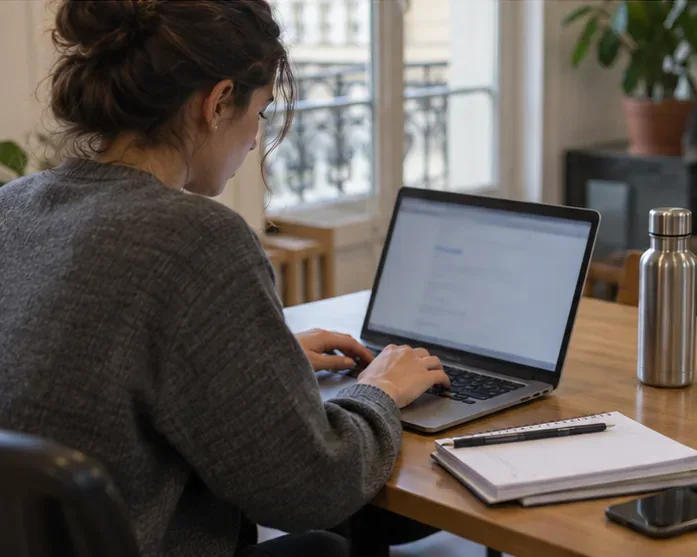 Une candidate utilise un ordinateur portable pour remplir une démarche en ligne
